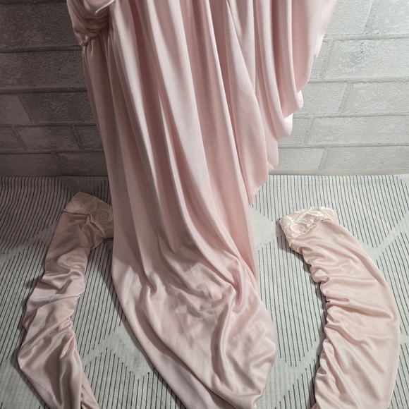 80s Vintage Prom Dress Satin Pink Lace Bodice Sleeveless Ruched Union Made Small - Picture 12 of 16